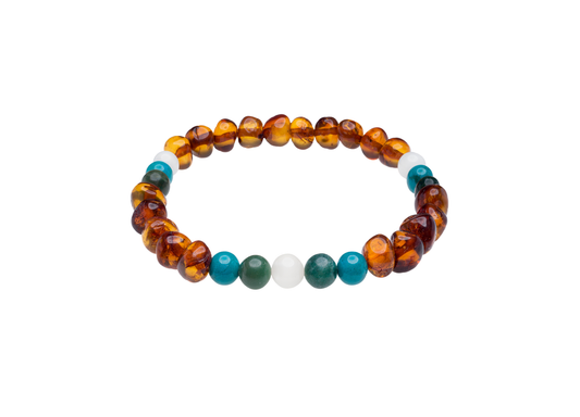 Genuine Amber Bracelet Made With Polished Cognac Turquoise Jade and Moonstone