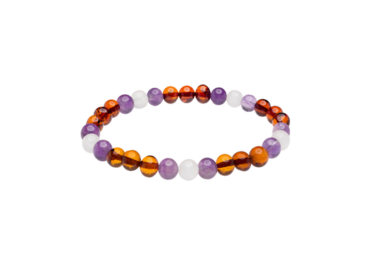 Genuine Amber Bracelet Made With Polished Cognac Amethyst and Moonstone