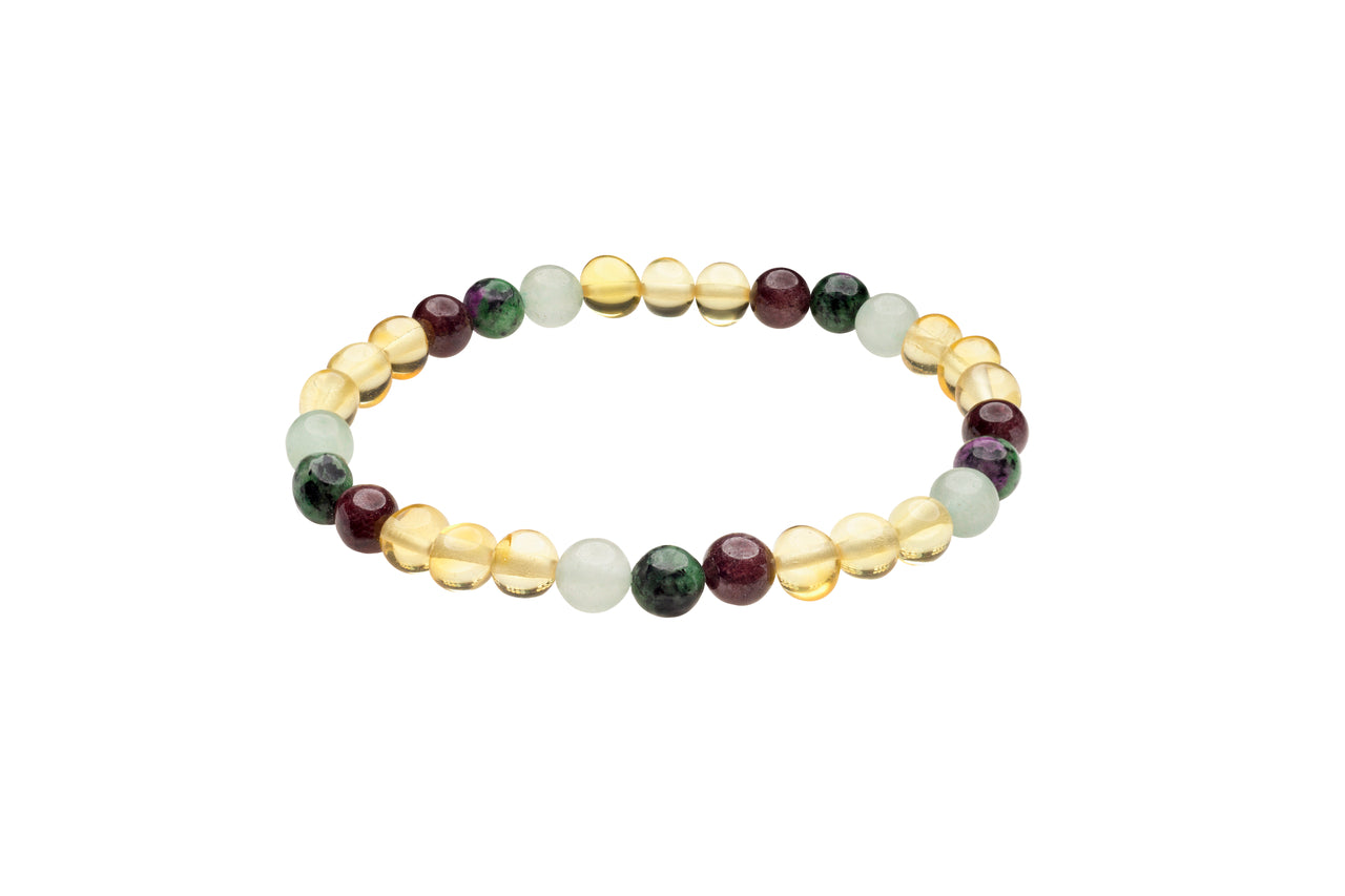 Genuine Amber Bracelet Made With Polished Lemon Aventurine Zoisite and Garnet