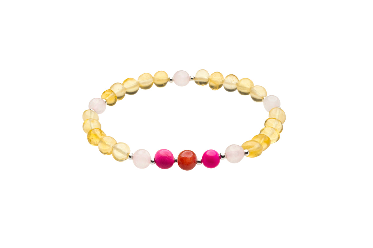 Genuine Amber Bracelet Made With Polished Lemon Rose Quartz Red agate and Orange jade