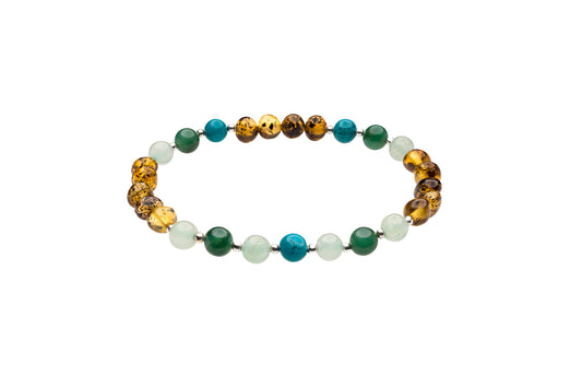 Genuine Amber Bracelet Made With Polished Green Aventurine Jade and Turquoise