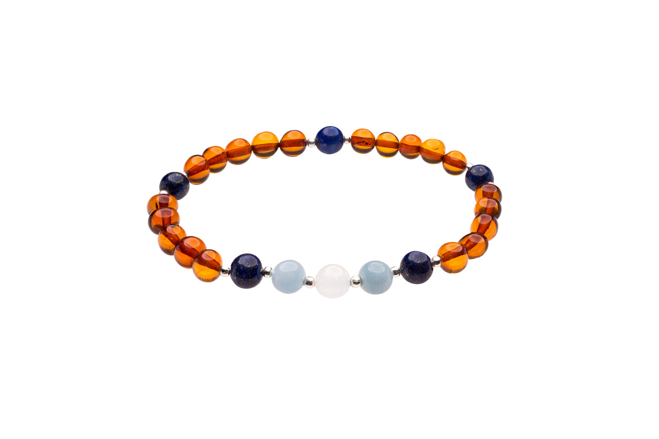 Genuine Amber Bracelet Made With Polished Cognac Lapis Lazuli Aquamarine and Moonstone