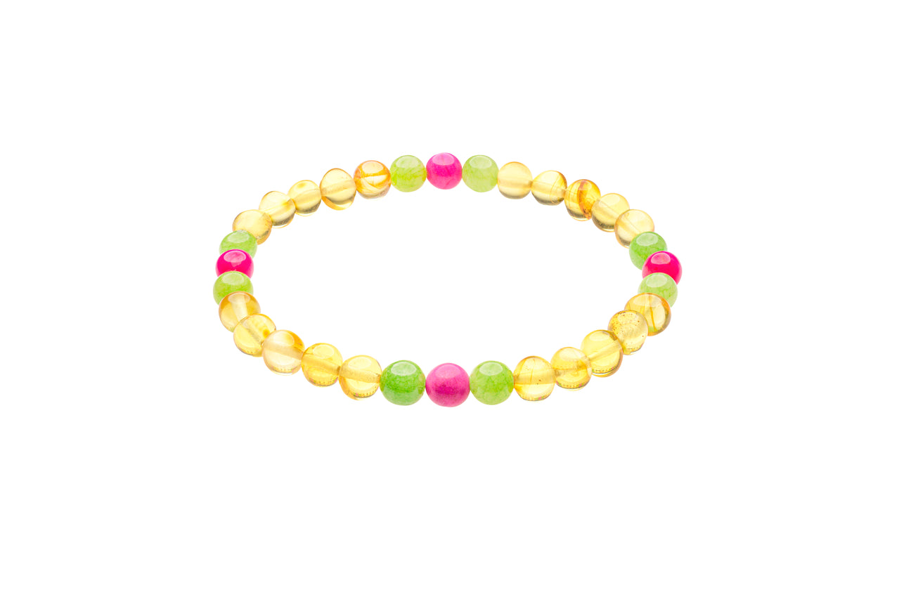 Genuine Amber Bracelet Made With Polished Lemon Green and Red Jade