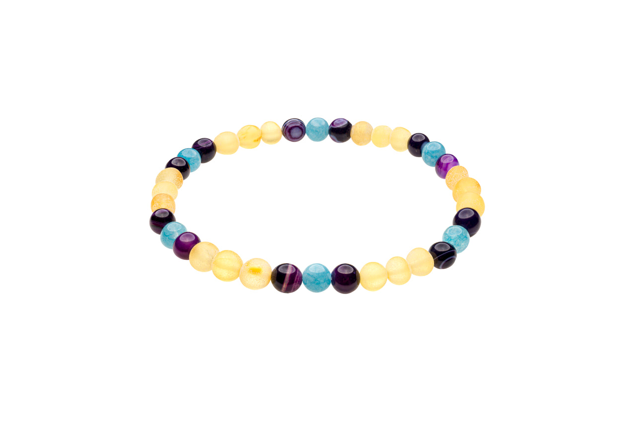 Genuine Amber Bracelet Made With Unpolished Lemon Violet Agate and Aquamarine