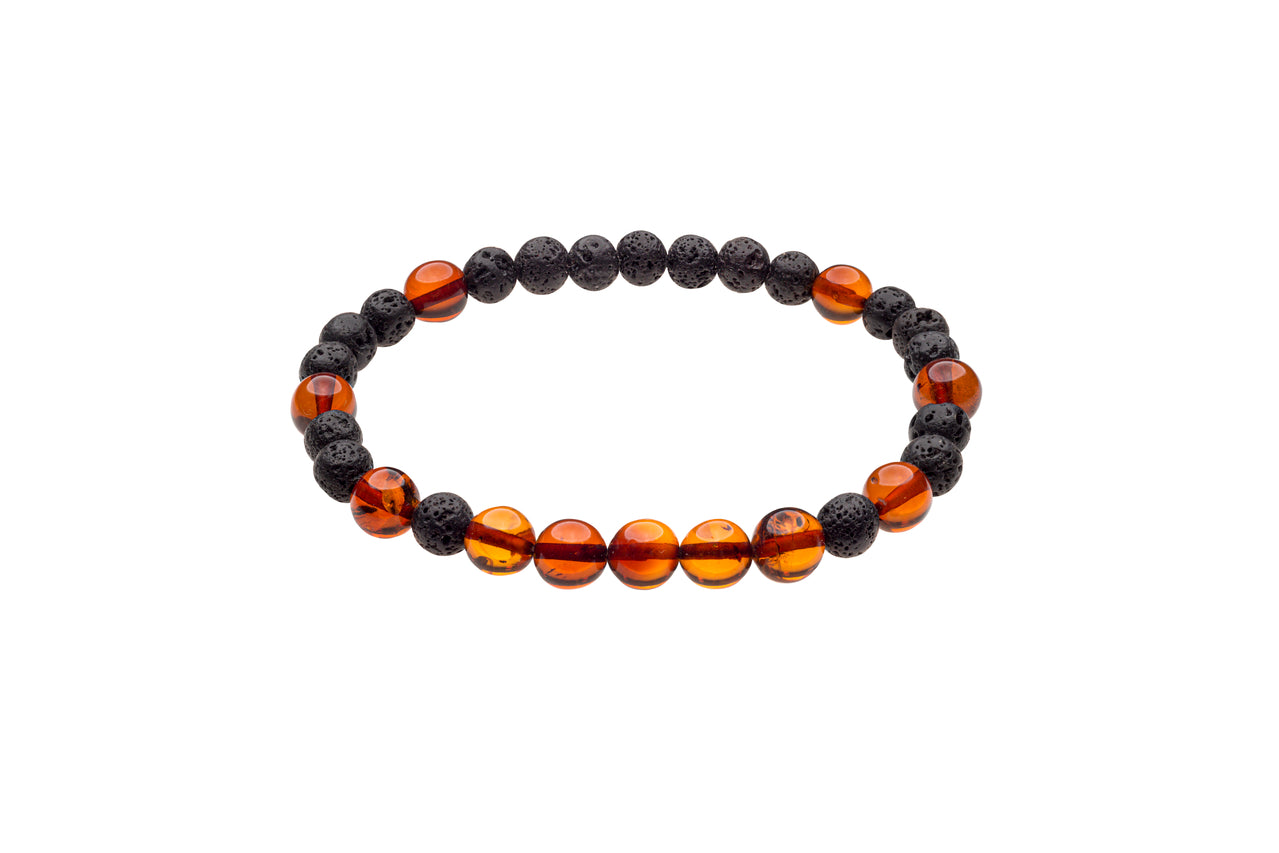 Genuine Amber Bracelet Made With Polished Cognac and Black Lava