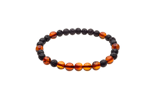 Genuine Amber Bracelet Made With Polished Cognac and Black Lava