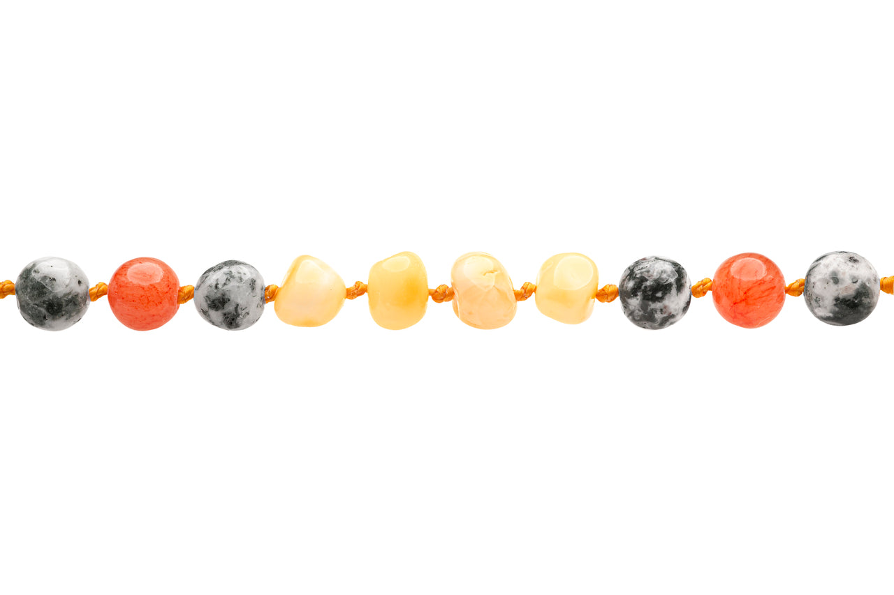 Genuine Amber Bracelet Made With Polished Milky Jasper and Orange Jade