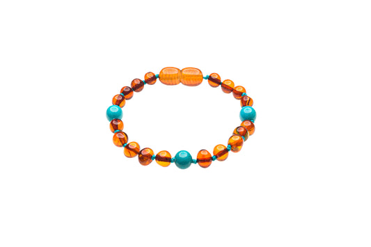 Genuine Amber Bracelet Made With Polished Cognac and Turquoise