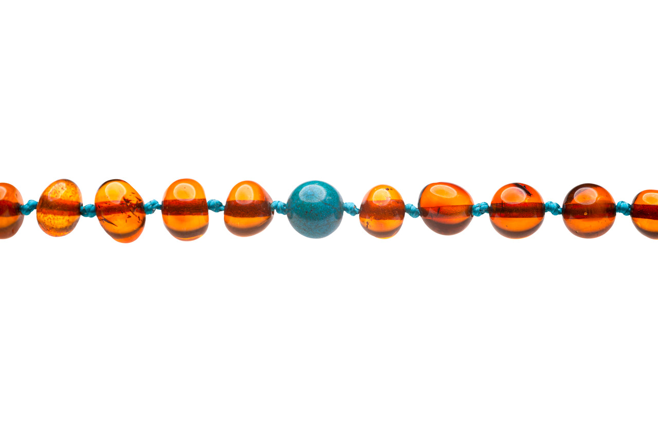 Genuine Amber Bracelet Made With Polished Cognac and Turquoise