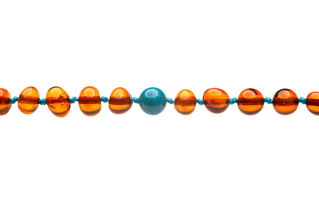 Genuine Amber Necklace & Bracelet Made With Polished Cognac & Turquoise