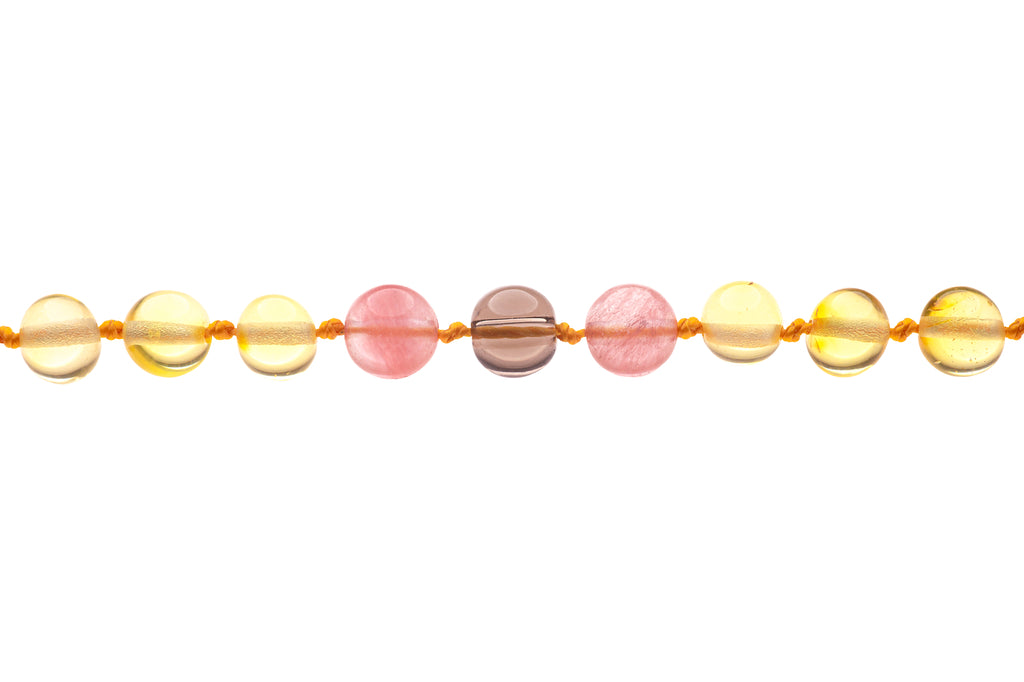Genuine Amber Necklace & Bracelet Made With Polished Lemon Cherry Quartz & Smoky Quartz