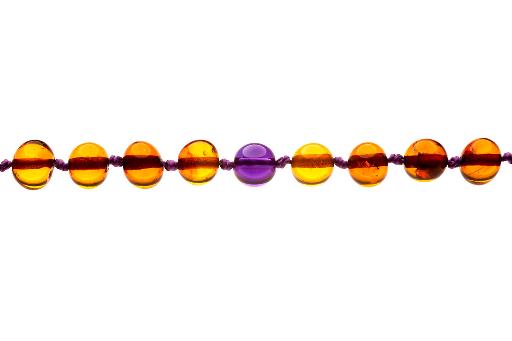 Genuine Amber Necklace & Bracelet Made With Polished Cognac & Amethyst