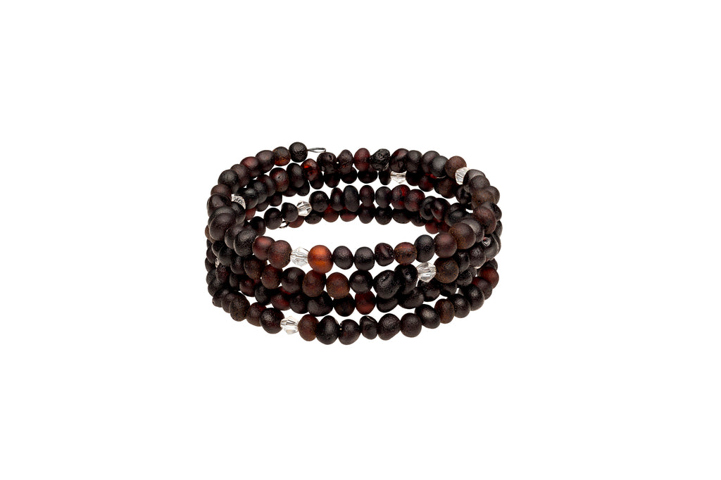 Genuine Amber Flexible Bracelet Made With Unpolished Cherry & Crystal Beads