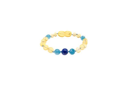 Genuine Amber Bracelet Made With Unpolished Lemon Aquamarine and Lapis Lazuli