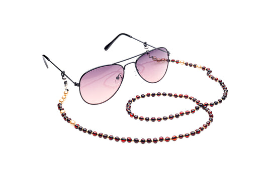Genuine Amber Eyeglass Chain Made With Polished Cherry & Shell Pearl