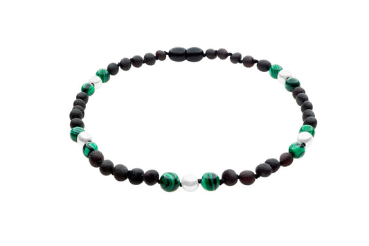 Genuine Amber Necklace Made With Unpolished Cherry Malachite & Shell Pearl