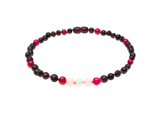 Genuine Amber Necklace Made With Unpolished Cherry Red Agate Rose Quartz and Moonstone