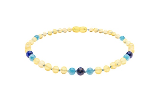 Genuine Amber Necklace Made With Unpolished Lemon Aquamarine and Lapis Lazuli