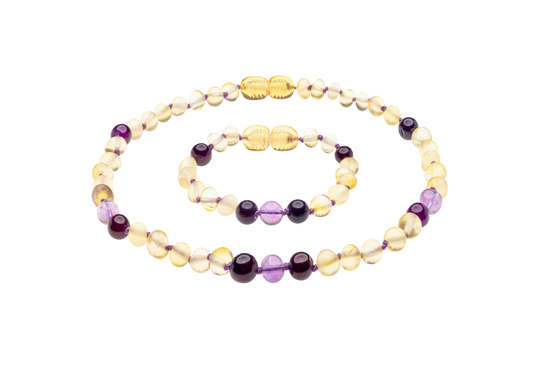 Genuine Amber Necklace & Bracelet Made With Polished Lemon Amethyst & Violet Agate