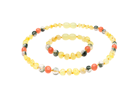 Genuine Amber Necklace & Bracelet Made With Polished Milky Quartz & Jade