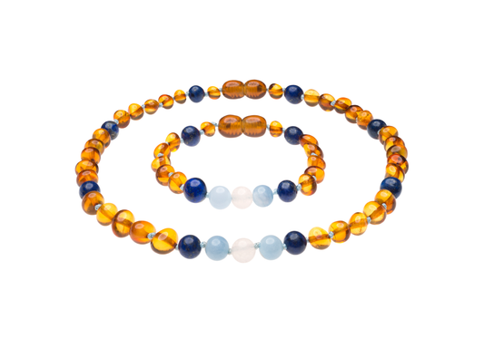 Genuine Amber Necklace & Bracelet Made With Polished Cognac Aquamarine & Lapis Lazuli