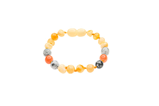 Genuine Amber Bracelet Made With Polished Milky Jasper and Orange Jade