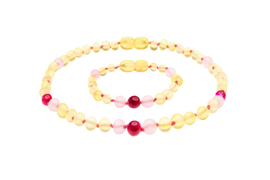 Genuine Amber Necklace & Bracelet Made With Unpolished Lemon Red Agate & Rose Quartz