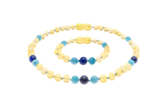 Genuine Amber Necklace & Bracelet Made With Unpolished Lemon Aquamarine & Lapis Lazuli