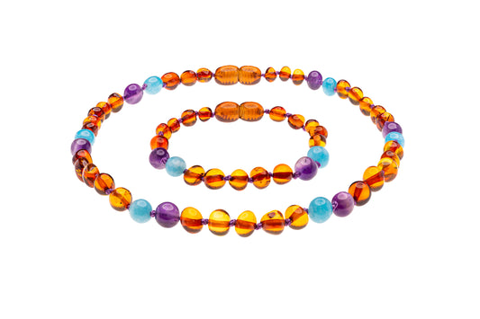 Genuine Amber Necklace & Bracelet Made With Polished Cognac Aquamarine & Amethyst