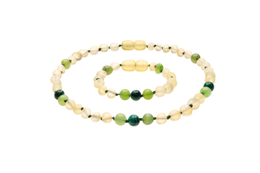 Genuine Amber Necklace & Bracelet Made With Unpolished Lemon Green Jade & Malachite