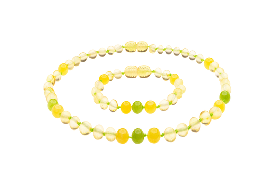 Genuine Amber Necklace & Bracelet Made With Polished Lemon Yellow & Green Jade