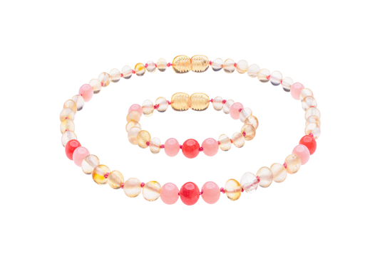 Genuine Amber Necklace & Bracelet Made With Polished Lemon Red & Rose Jade