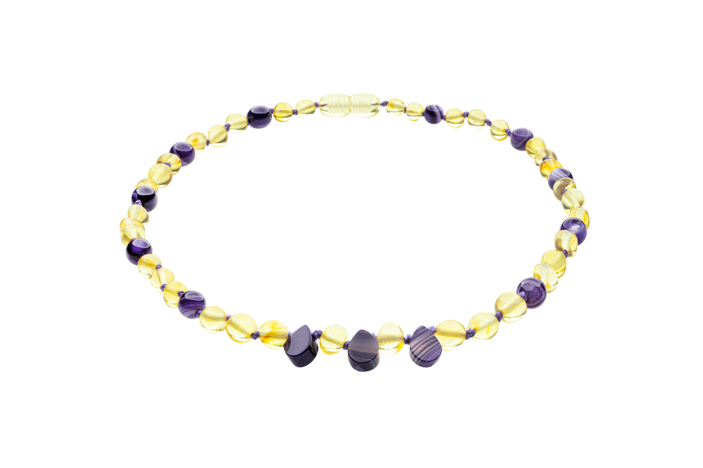 Genuine Amber Necklace Made With Polished Lemon & Violet Agate