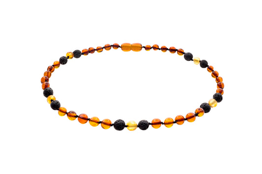 Genuine Amber Necklace Made With Polished Cognac Polished Honey & Black Lava