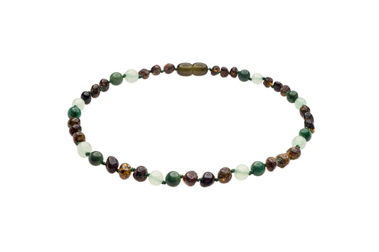 Genuine Amber Necklace Made With Polished Green African Jade & Aventurine