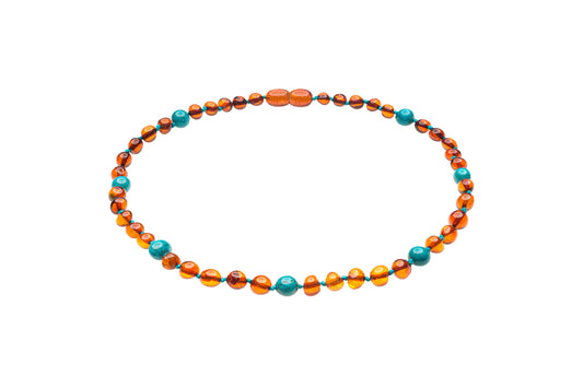 Genuine Amber Necklace Made With Polished Cognac & Turquoise