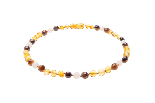 Genuine Amber Necklace Made With Polished Honey Tiger Eye and Moonstone